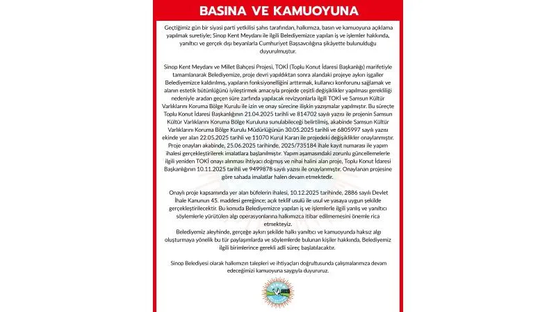 Sinop Belediyesi, Kent Meydanı Projesiyle İlgili Açıklama Yaptı